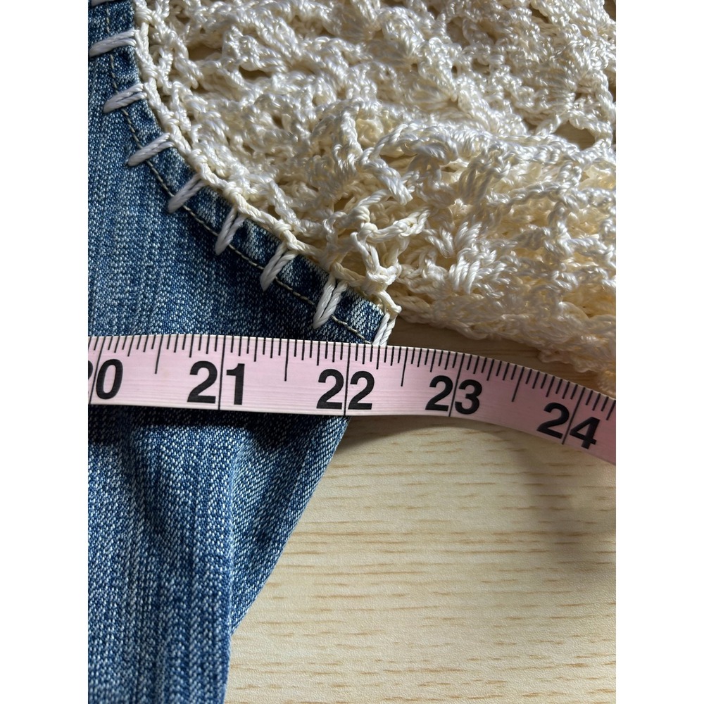 Crest Jeans Top L Blue Crochet Sleeve Denim V-Neck Boho Y2K Western Festival - Picture 11 of 11